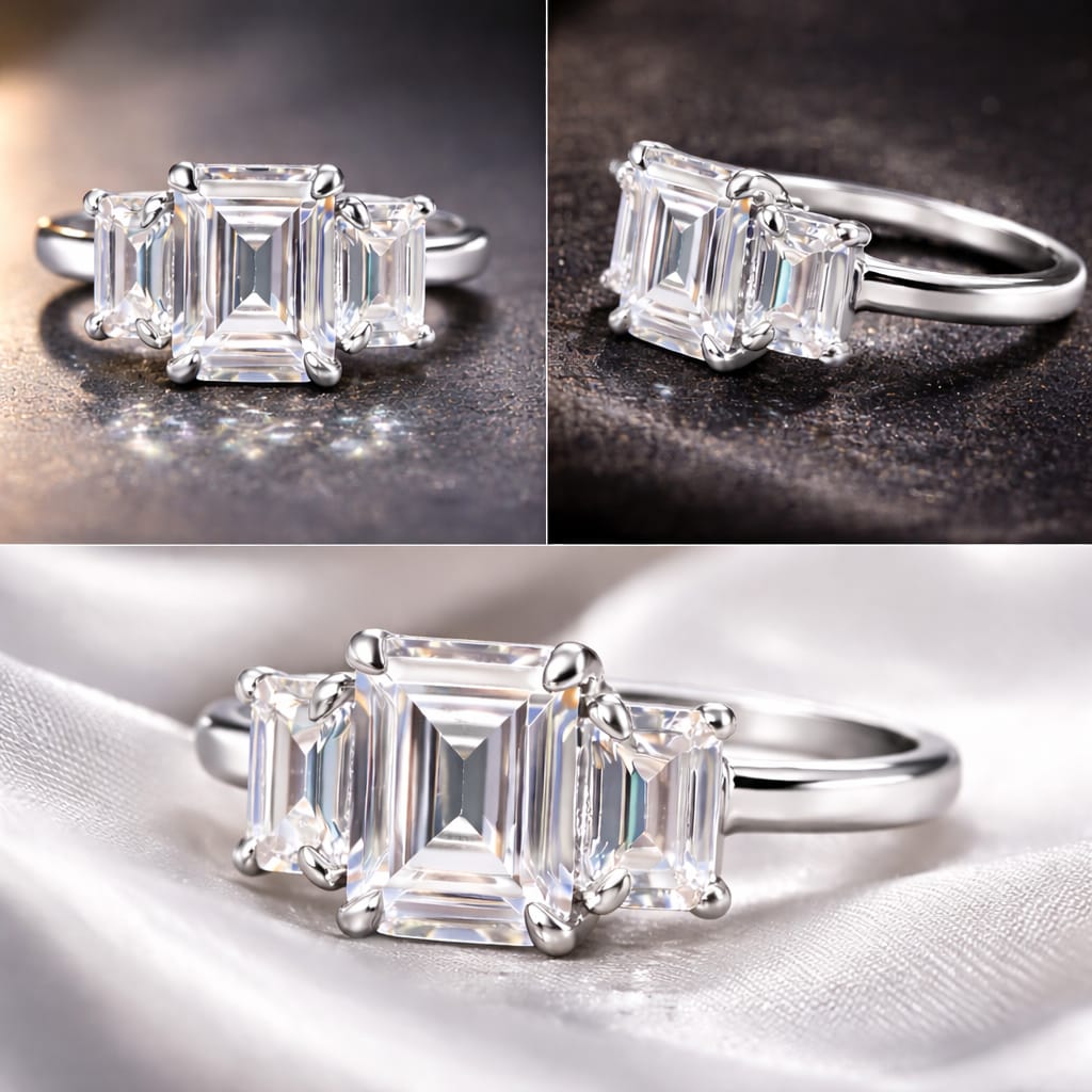 FORGET-ME-NOT Three-Stone Moissanite Engagement Ring, Emerald Cut, 3.5 CT