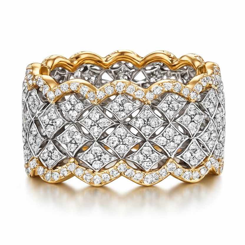 ARLETTE Wide Band Statement Ring for Women, Bold Thick Gold-Tone CZ Ring, 11mm Lattice Design