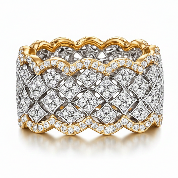 Arlette Wide Band Statement Ring for Women, Bold Thick Gold-Tone CZ Ring, 11mm Lattice Design