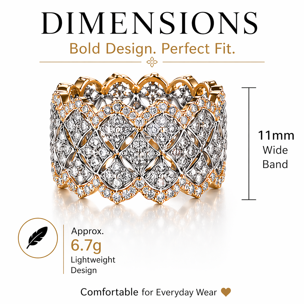 ARLETTE Wide Band Statement Ring for Women, Bold Thick Gold-Tone CZ Ring, 11mm Lattice Design
