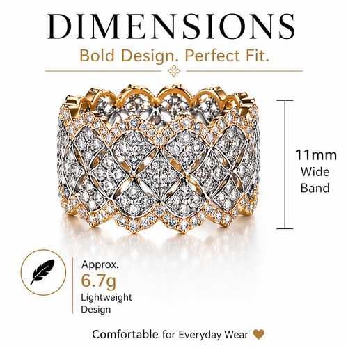 Arlette Wide Band Statement Ring for Women, Bold Thick Gold-Tone CZ Ring, 11mm Lattice Design
