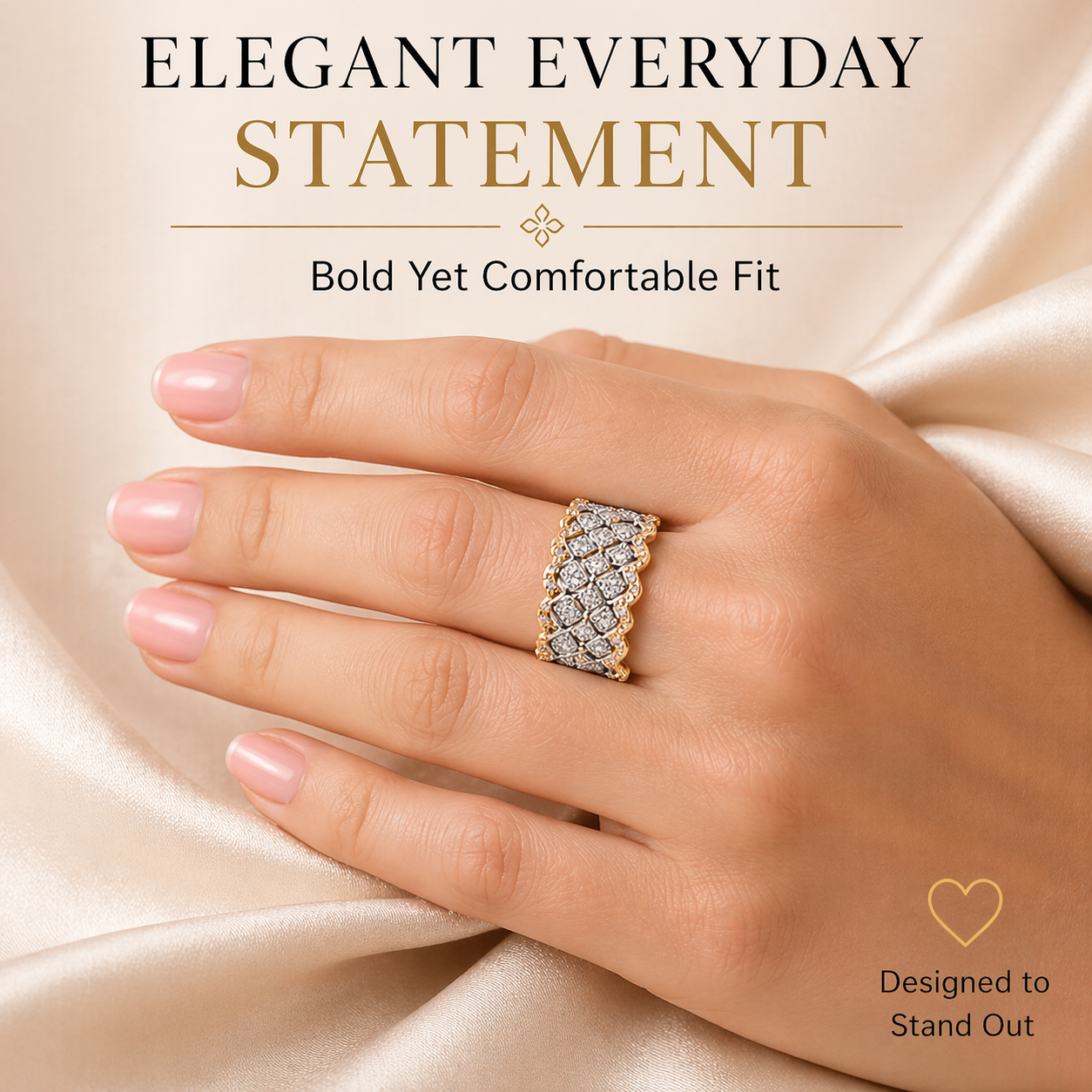 ARLETTE Wide Band Statement Ring for Women, Bold Thick Gold-Tone CZ Ring, 11mm Lattice Design