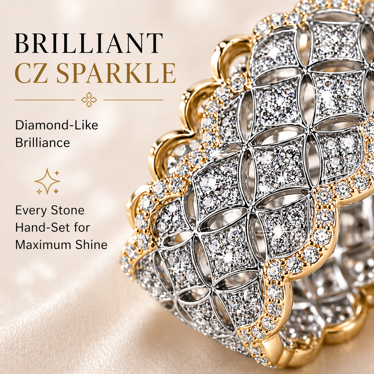 ARLETTE Wide Band Statement Ring for Women, Bold Thick Gold-Tone CZ Ring, 11mm Lattice Design