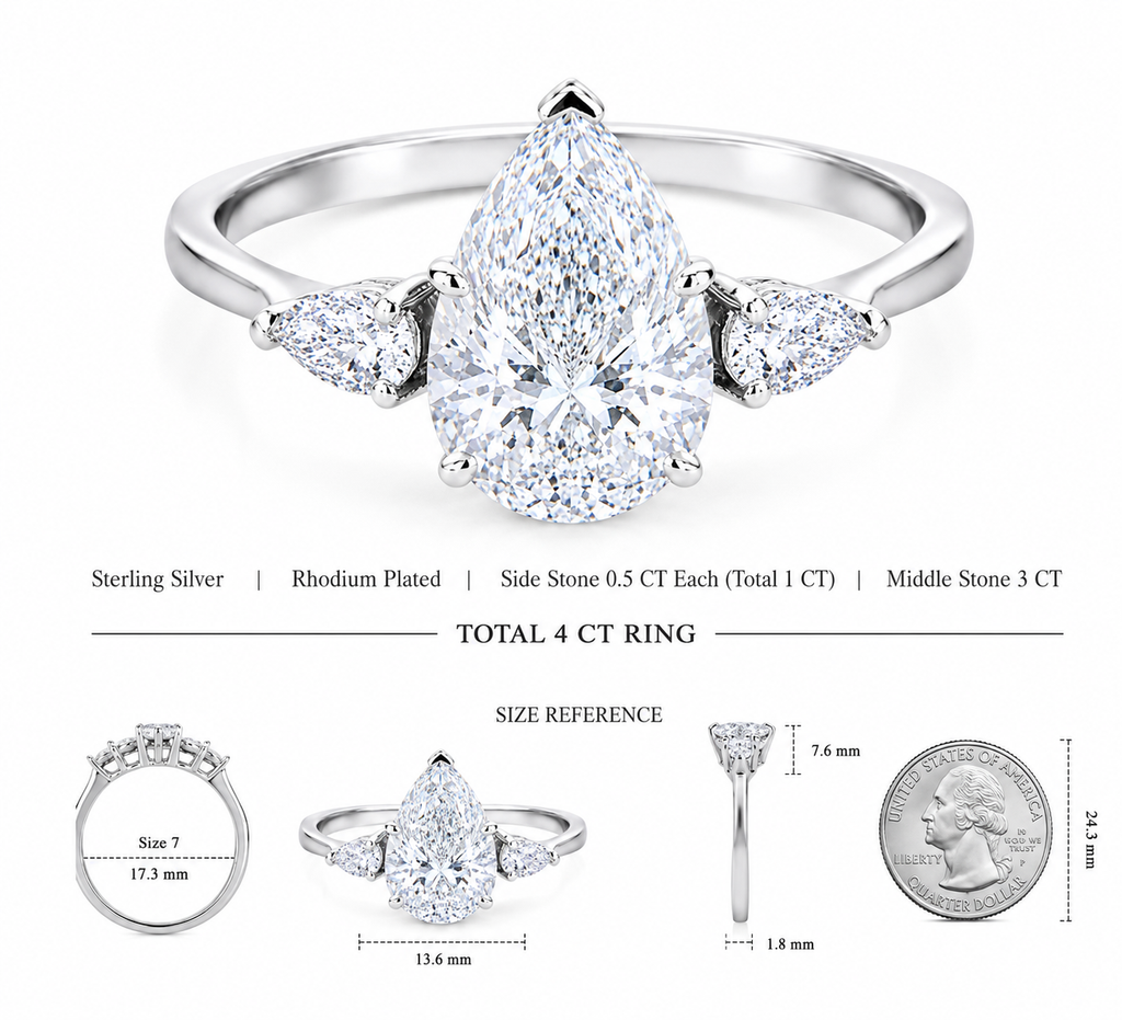 EVERLIGHT Three Stone Pear Trilogy Moissanite Engagement Ring 4.0 CT Micro-facets Unique Hybrid Cut