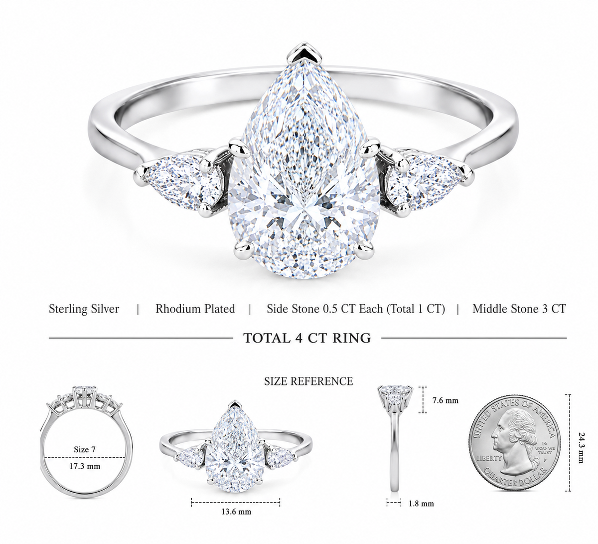 EVERLIGHT Three Stone Pear Trilogy Moissanite Engagement Ring 4.0 CT Micro-facets Unique Hybrid Cut
