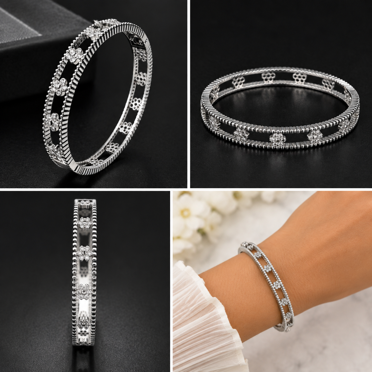Stella Openwork Bangle Bracelet with Bezel-Set CZ Flowers, Milgrain Detail & Ribbed Edges