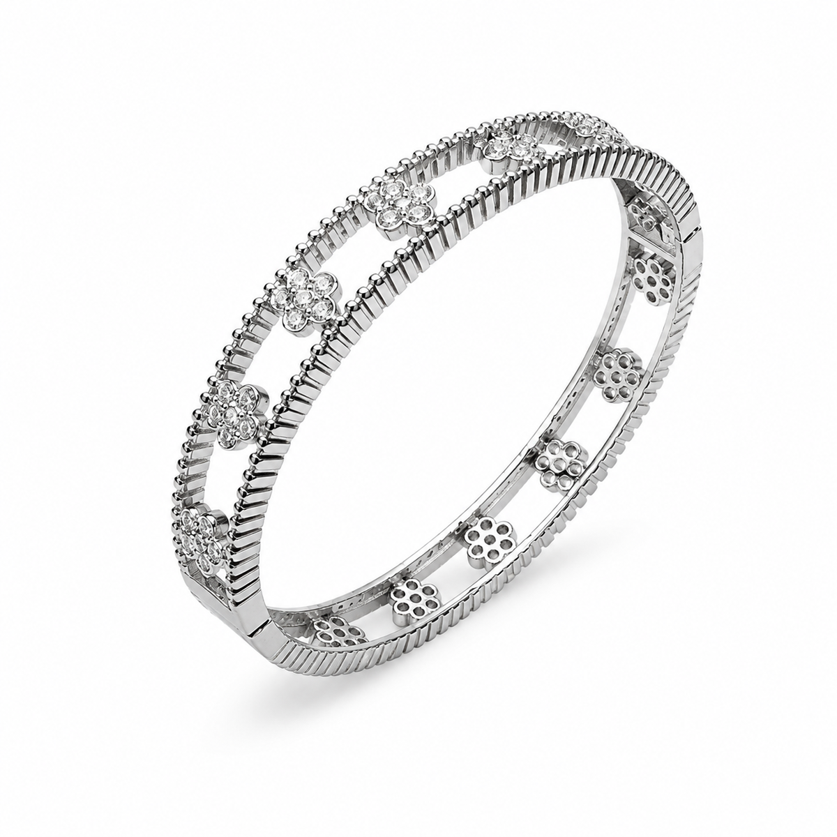 Stella Openwork Bangle Bracelet with Bezel-Set CZ Flowers, Milgrain Detail & Ribbed Edges