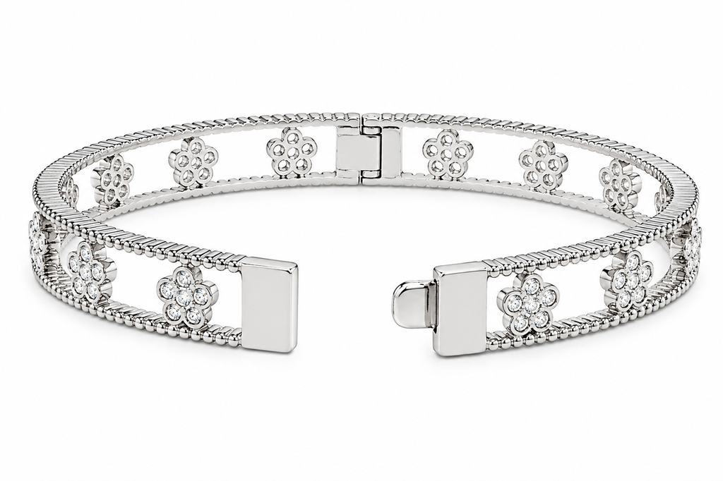 Stella Openwork Bangle Bracelet with Bezel-Set CZ Flowers, Milgrain Detail & Ribbed Edges