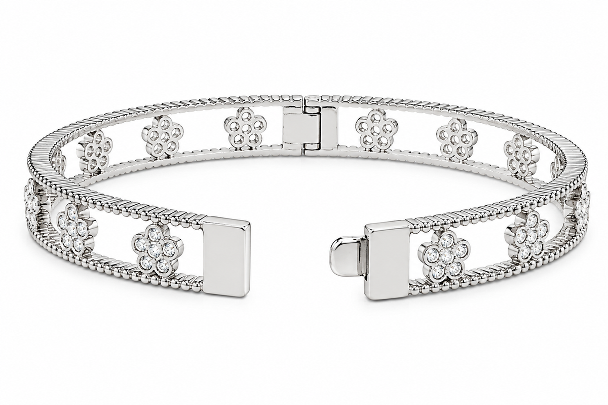 Stella Openwork Bangle Bracelet with Bezel-Set CZ Flowers, Milgrain Detail & Ribbed Edges