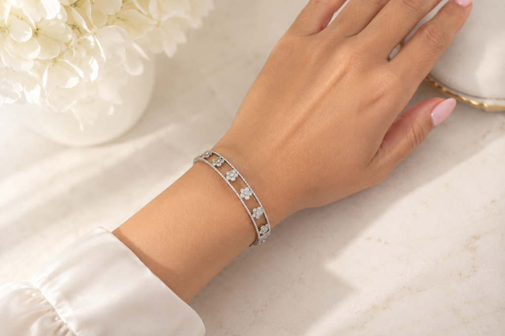 Stella Openwork Bangle Bracelet with Bezel-Set CZ Flowers, Milgrain Detail & Ribbed Edges