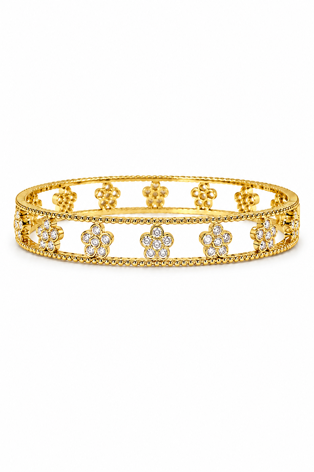 Stella Openwork Bangle Bracelet with Bezel-Set CZ Flowers, Milgrain Detail & Ribbed Edges