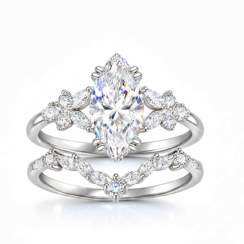 Elle Éternelle Fleur Marquise Bridal Set – Engagement Ring & Matching Wedding Band