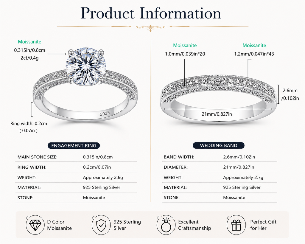 Elle Éternelle Éclat Round Moissanite Victoria Bridal Set – Engagement Ring & Matching Wedding Band