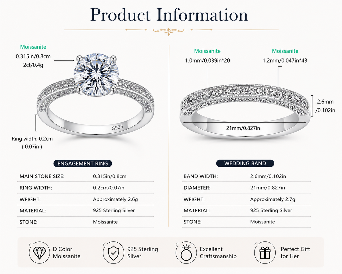 Elle Éternelle Éclat Round Moissanite Victoria Bridal Set – Engagement Ring & Matching Wedding Band