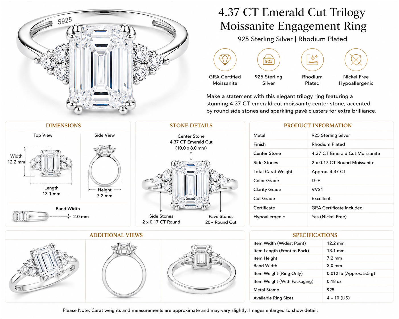 HEIRESS Emerald-Cut Certified Moissanite Engagement Ring – 4.34 CT