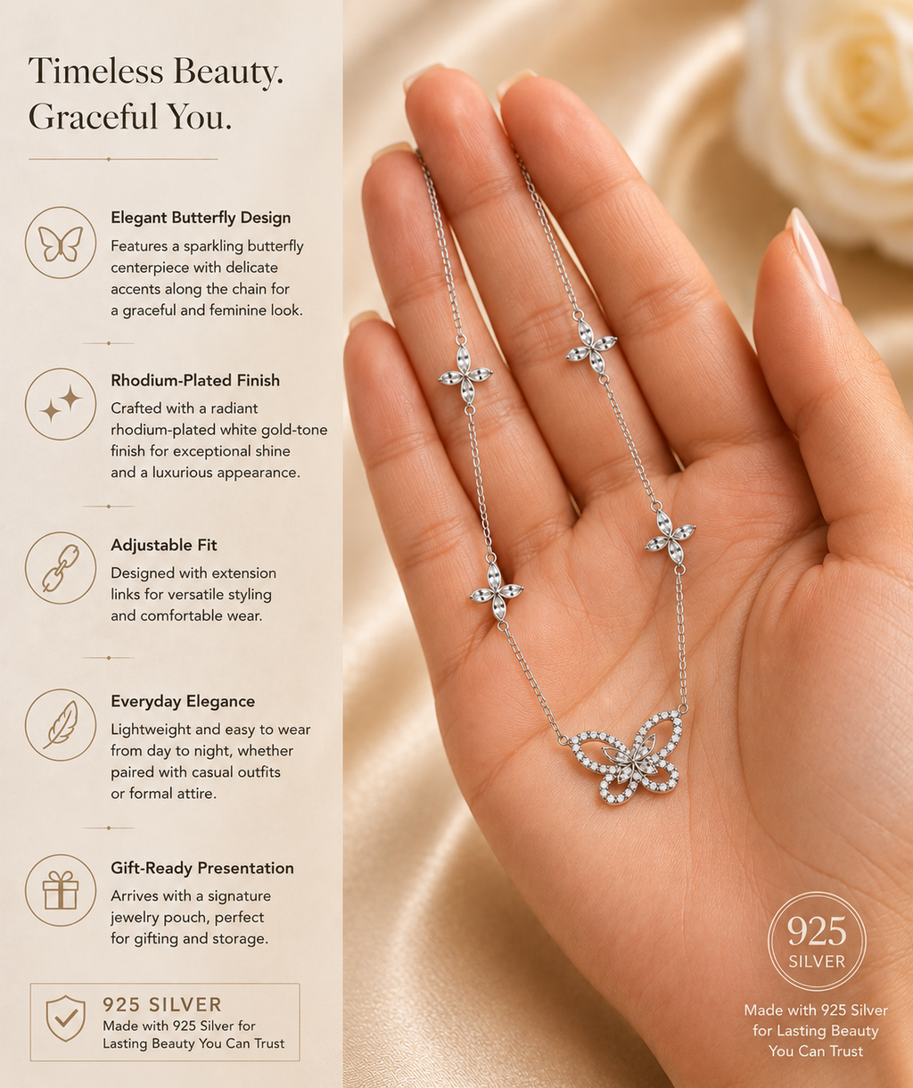 Mariposa Butterfly Necklace 925 Sterling Silver Rhodium-Plated