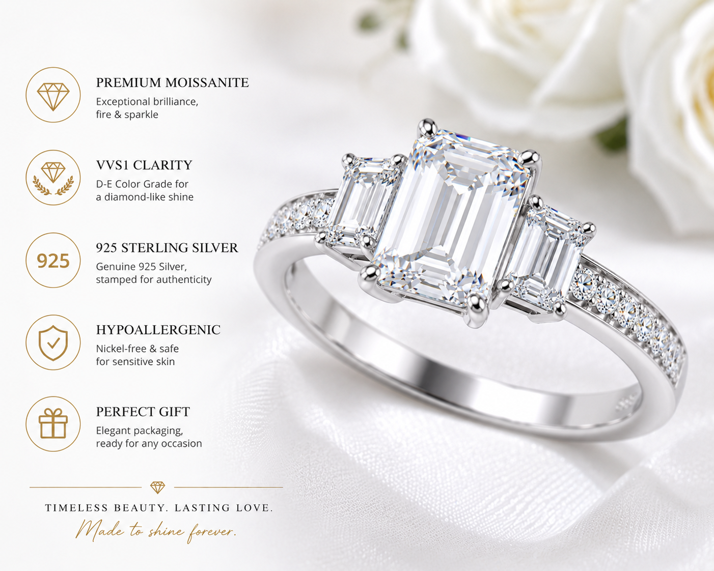 [SOLD OUT] FORGET-ME-NOT Three-Stone Moissanite Engagement Ring, 2.52 CT Emerald Cut