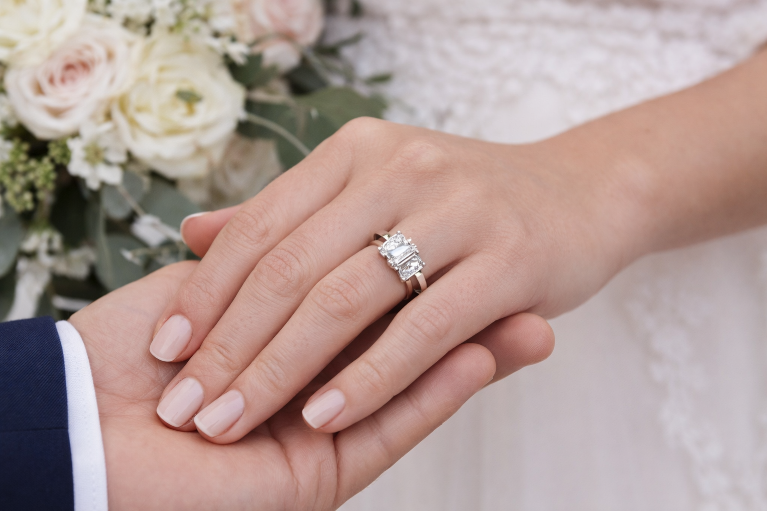 FORGET-ME-NOT Three-Stone Moissanite Engagement Ring, Emerald Cut, 3.5 CT