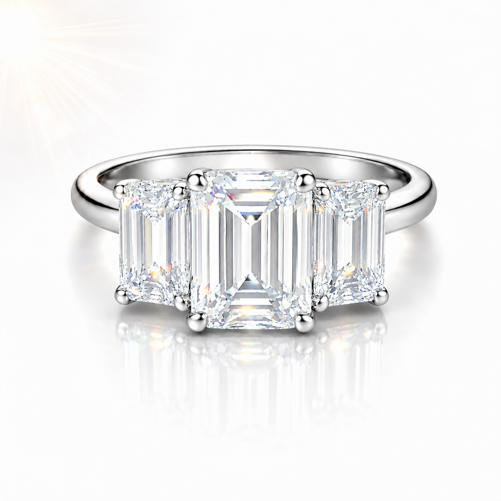 FORGET-ME-NOT Three-Stone Moissanite Engagement Ring, Emerald Cut, 3.5 CT