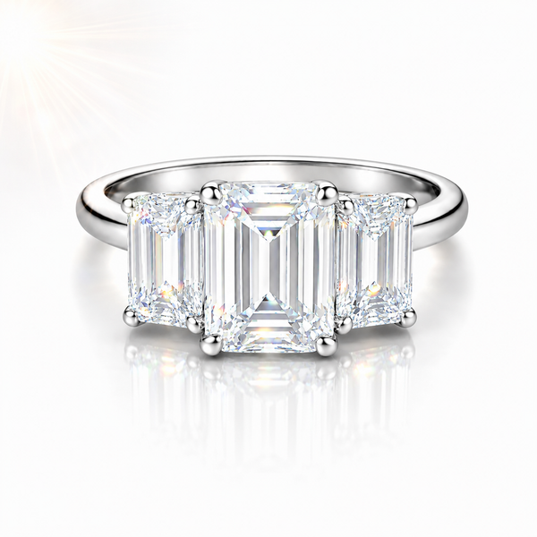 Forget-me-not Three-Stone Moissanite Engagement Ring, Emerald Cut, 3.5 CT