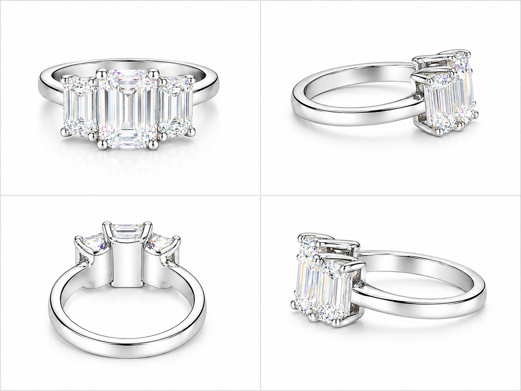 FORGET-ME-NOT Three-Stone Moissanite Engagement Ring, Emerald Cut, 3.5 CT