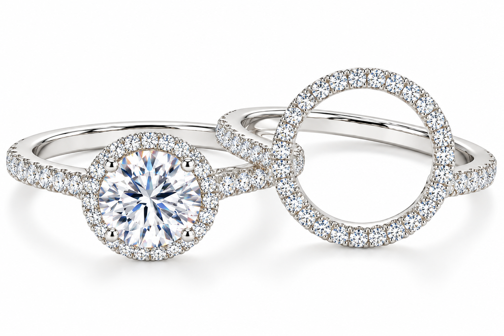 [PRE-ORDER] EMPRESS – Round Halo 1.89 CT Bridal Ring Set with Nesting Pavé Circle Band