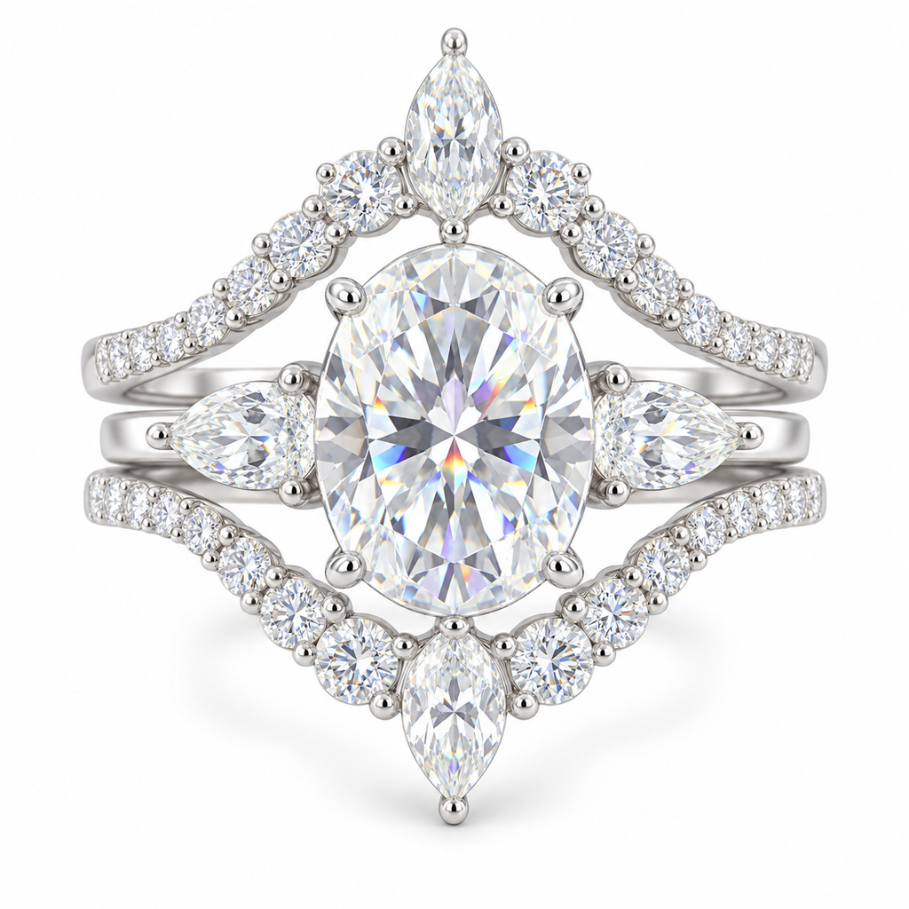 Majestic Reign -  Majestic Reign 4.16 CTW Moissanite Bridal Ring Set, 3 CT Oval Center, Pear Side Stones & Matching V-Shaped Band