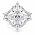 Majestic Reign -  Majestic Reign 4.16 CTW Moissanite Bridal Ring Set, 3 CT Oval Center, Pear Side Stones & Matching V-Shaped Band