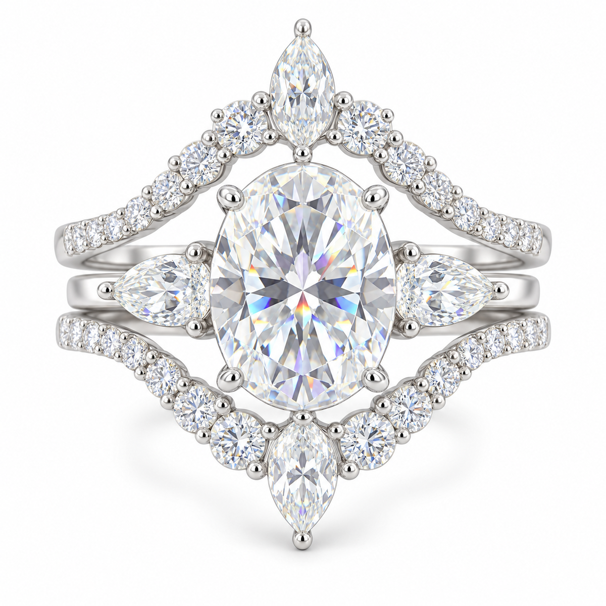 Majestic Reign -  Majestic Reign 4.16 CTW Moissanite Bridal Ring Set, 3 CT Oval Center, Pear Side Stones & Matching V-Shaped Band