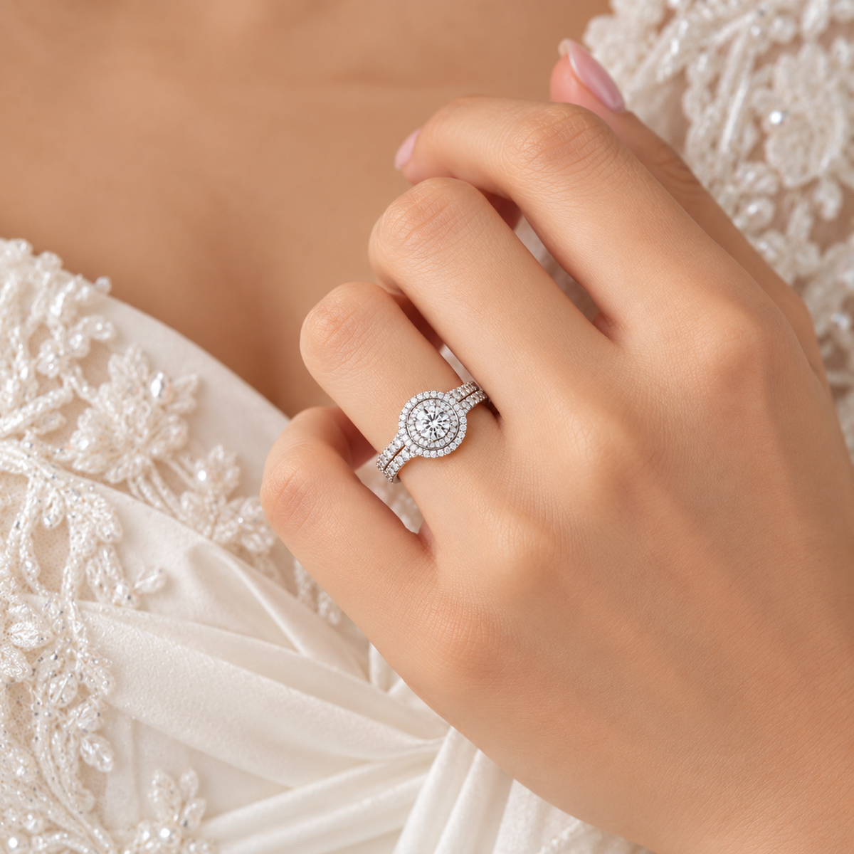 [PRE-ORDER] EMPRESS – Round Halo 1.89 CT Bridal Ring Set with Nesting Pavé Circle Band