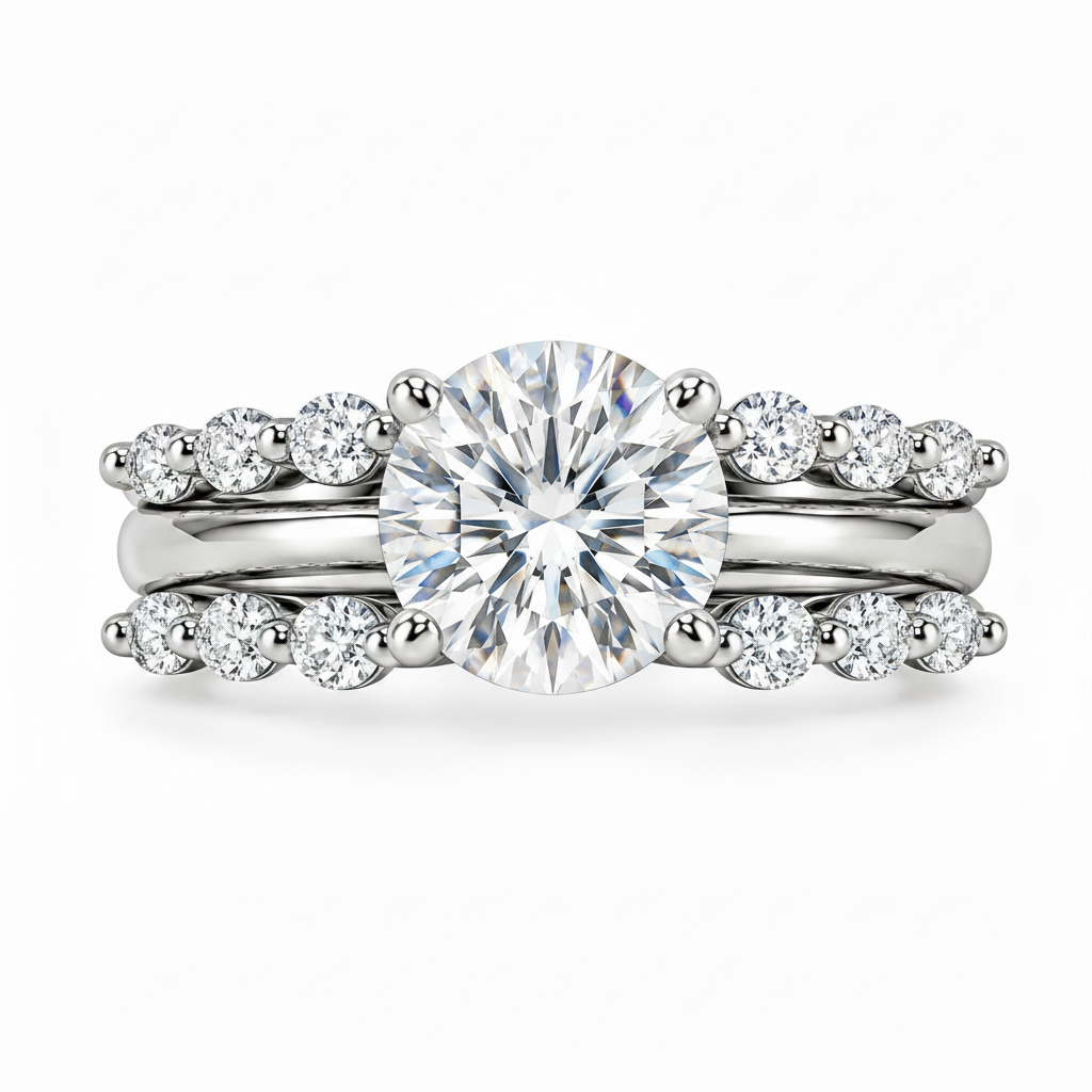 Nadia 2 CT Round Moissanite Bridal Set for Women, Hidden Halo Engagement Ring