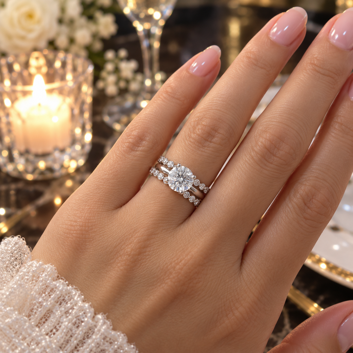 Nadia 2 CT Round Moissanite Bridal Set for Women, Hidden Halo Engagement Ring