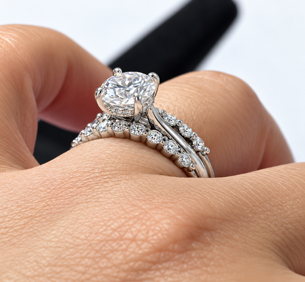 Nadia 2 CT Round Moissanite Bridal Set for Women, Hidden Halo Engagement Ring