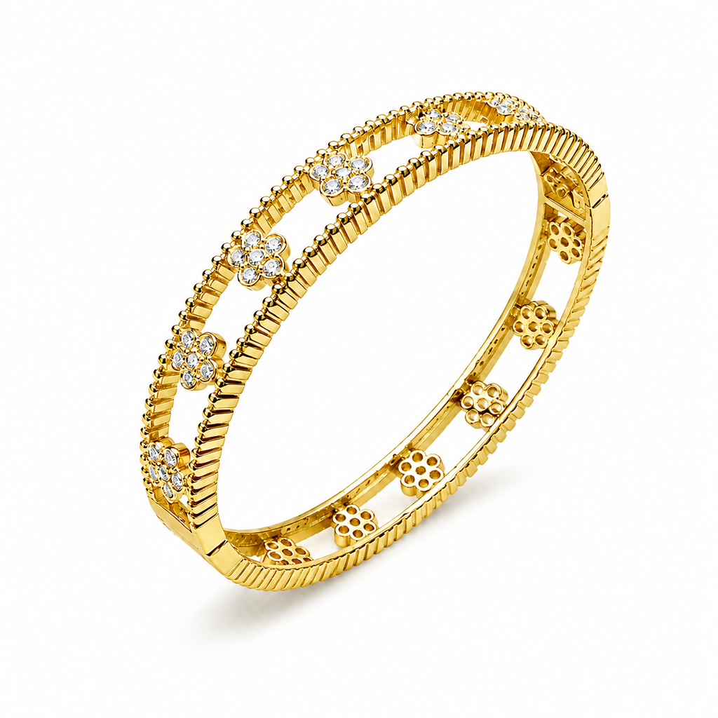 Stella Openwork Bangle Bracelet with Bezel-Set CZ Flowers, Milgrain Detail & Ribbed Edges