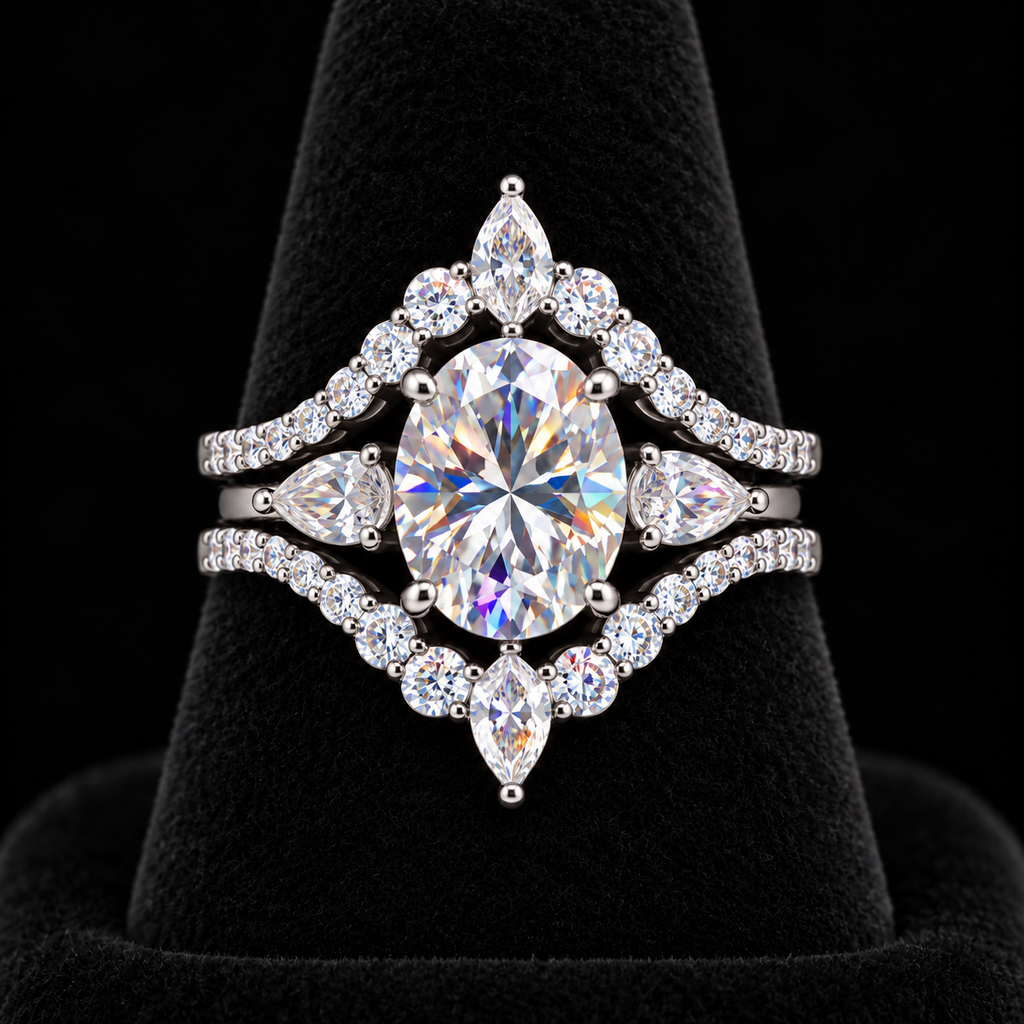 Majestic Reign -  Majestic Reign 4.16 CTW Moissanite Bridal Ring Set, 3 CT Oval Center, Pear Side Stones & Matching V-Shaped Band