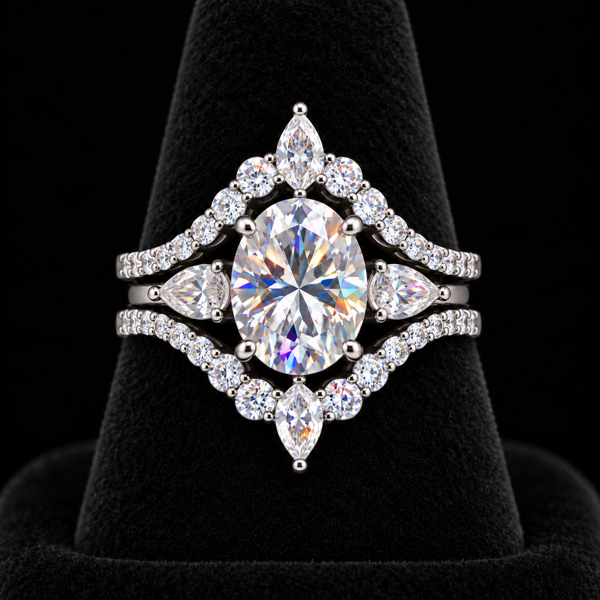 Majestic Reign -  Majestic Reign 4.16 CTW Moissanite Bridal Ring Set, 3 CT Oval Center, Pear Side Stones & Matching V-Shaped Band