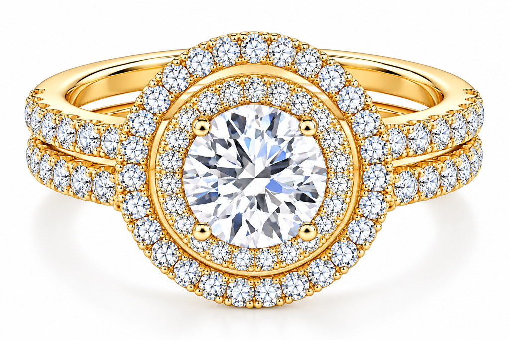 [PRE-ORDER] EMPRESS – Round Halo 1.89 CT Bridal Ring Set with Nesting Pavé Circle Band