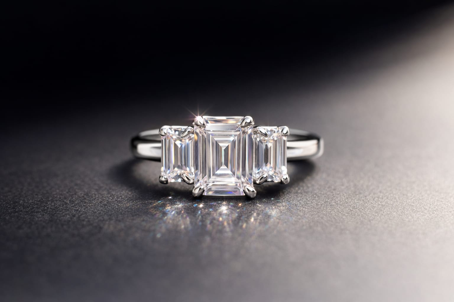 FORGET-ME-NOT Three-Stone Moissanite Engagement Ring, Emerald Cut, 3.5 CT
