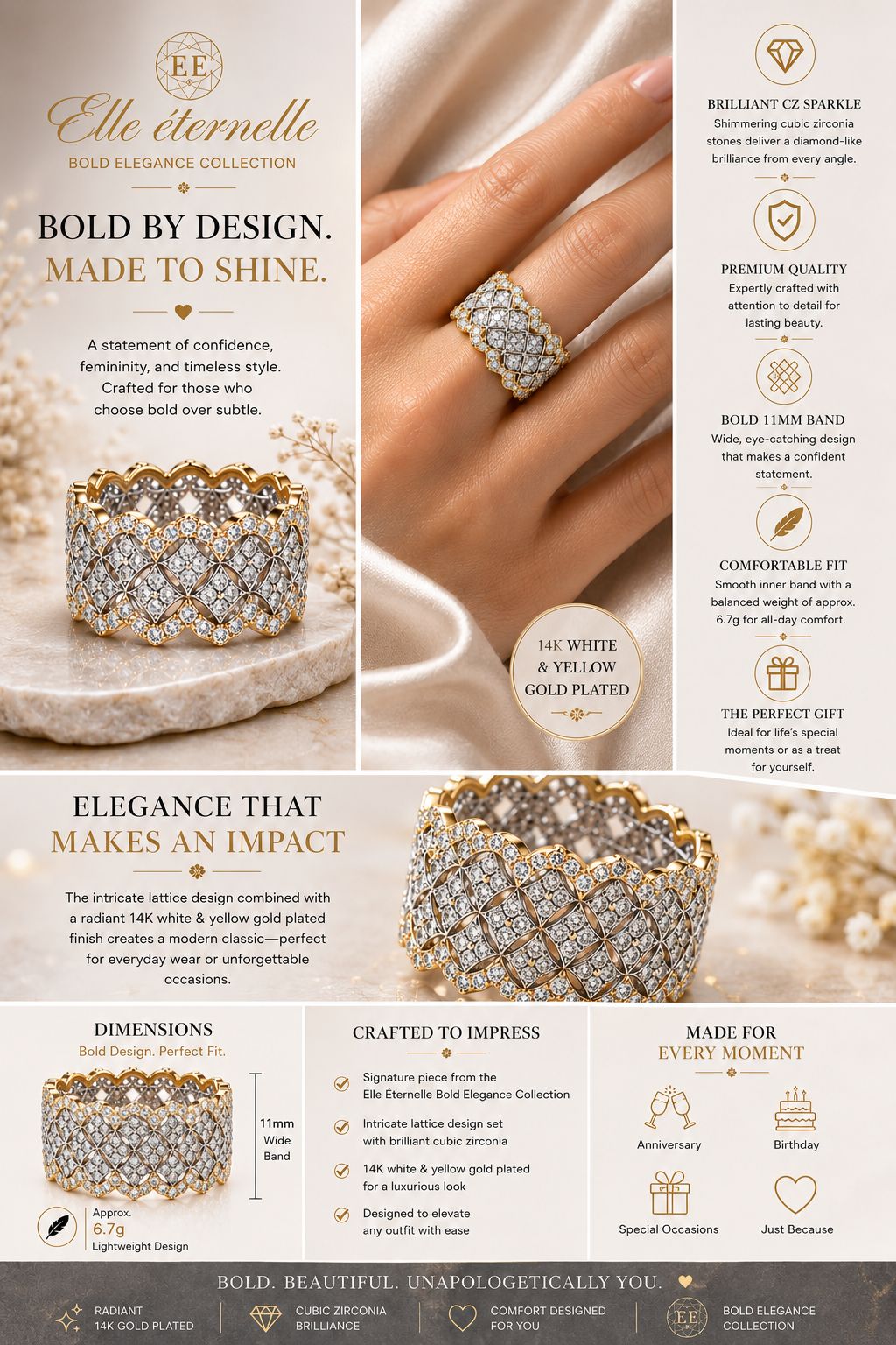 ARLETTE Wide Band Statement Ring for Women, Bold Thick Gold-Tone CZ Ring, 11mm Lattice Design